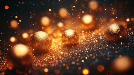Fototapeta premium Golden Ornaments Adorned with Shimmering Lights and Sparkles, Creating a Festive and Magical Ambiance