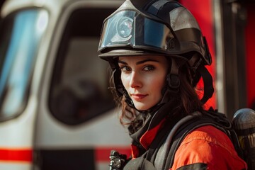 Confident female firefighter in full gear standing near fire truck