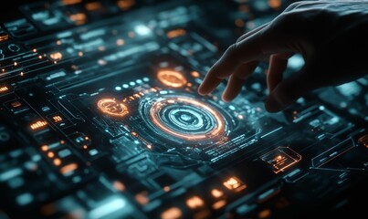 Naklejka premium Hand interacting with a futuristic interface.