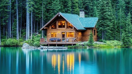 Fototapeta premium Small cabin near a serene lake, surrounded by pine trees and bathed in soft evening light.
