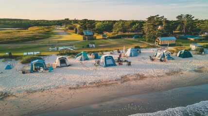 An aerial view of a beachfront campground. There are multiple tents set up on the sandy ground, with some having outdoor furniture.