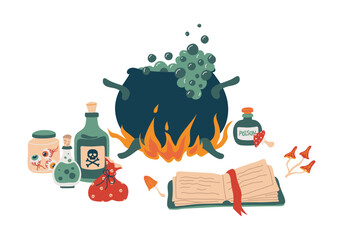 Making a mystical potion from magical ingredients in a cauldron. A vat on a fire with boiling poison, flasks and bottles, mushrooms, a book with spells. Isolated vector illustration