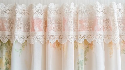 Pair of cafe style curtains with lace trim, showcasing a vintage look and soft pastel hues on a plain white backdrop.