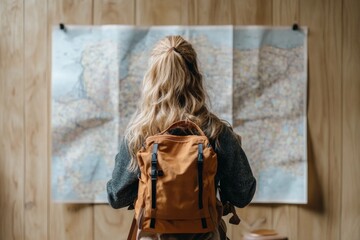 Adventurer with backpack exploring map indoors for travel planning and destination selection