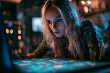 Focused woman engaging with interactive touchscreen in dimly lit space