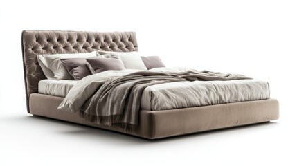 Obraz premium Single bed with an upholstered headboard, fluffy pillows, and a neatly tucked blanket, isolated on white.