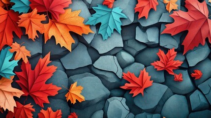 Vibrant red orange and green autumn leaves over a stone surface Perfect for a seasonal backdrop Autumn leaves in vibrant colors on a stone surface for seasonal backdrop