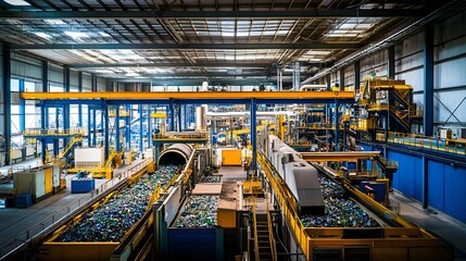 A recycling plant sorting and processing recyclable waste, with machinery and workers handling materials, emphasizing sustainability and environmental responsibility 