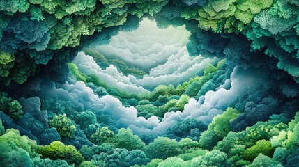 Aerial perspective of a lush green forest enveloped in misty clouds highlighting the importance of rainforest conservation and reforestation efforts