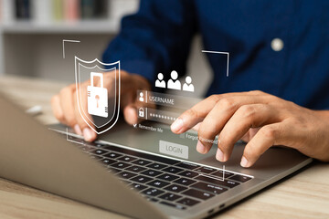 Cybersecurity and privacy concepts, User interacting with a secure login interface adorned with a...