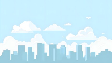 Fototapeta premium Flat vector illustration of a city skyline, with simple flat shapes, a light blue background, and sky and clouds in the background