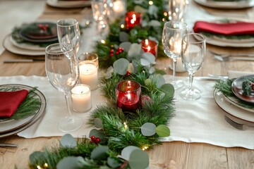 Fototapeta premium Table served for Christmas dinner in living room, close up view. Bokeh light soft effect. Table setting for holiday dinner. Festive cozy room background with Christmas tree. Still life, table set