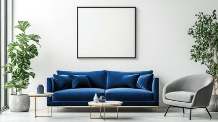 Vibrant blue couch and simple gray chair set against a white background, with a modern poster frame on the wall.
