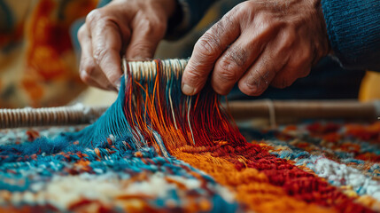 Close-up of a Moroccan artisan weaving a traditional rug, with vibrant threads of red, blue, and orange
