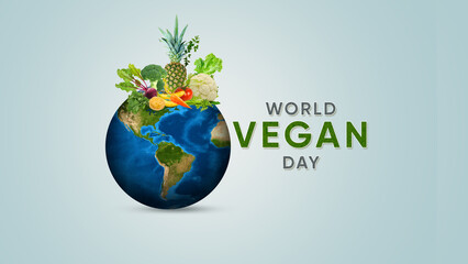 world vegan day good for world, globe with vegetable and food, vegan day celebration