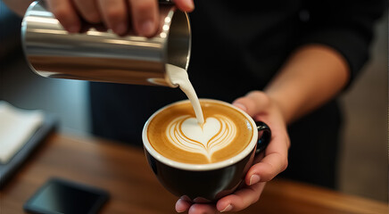 A barista is pouring milk into a coffee cup with a heart design