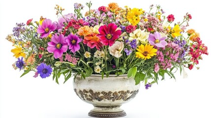 Wildflower arrangement with a variety of colorful blooms in a vintage vase on a bright white background.