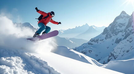 A snowboarder is in mid-air, riding a snowboard down a mountain