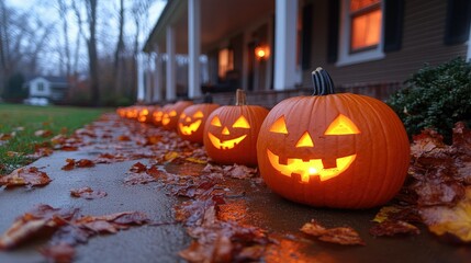 Obraz premium A row of glowing pumpkins on a porch with eerie shadows