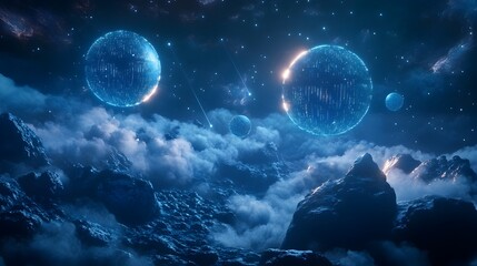 Mystical Celestial Data Visualization with Glowing Spheres and Luminescent Cosmic Landscape