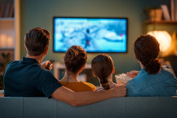 family watching  TV in the evening at home