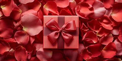 Elegant Gift: Rose-Topped Present Amid a Sea of Red Petals