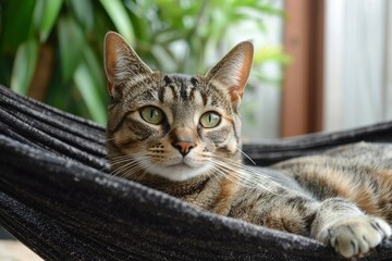 Tabby Cat Relaxing in a Hammock