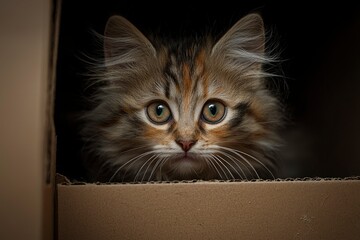 A Curious Kitten Peeking Out from a Cardboard Box