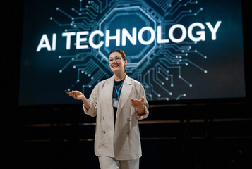  woman is speaking about technologies