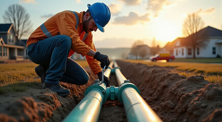 A man in an orange jacket is working on a pipe in the dirt