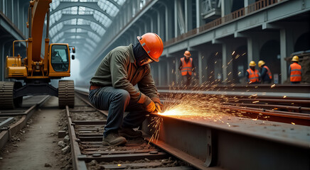 A man in a hard hat is working on a train track