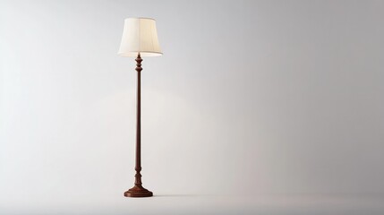 A classic floor lamp with a fabric shade and a wooden base, beautifully showcased against a bright white backdrop, highlighting its timeless appeal.