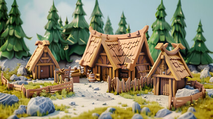 Wooden Palisade isometric buildings 3D