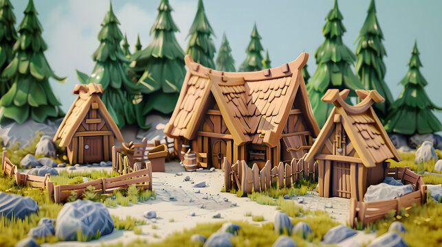 Wooden Palisade isometric buildings 3D