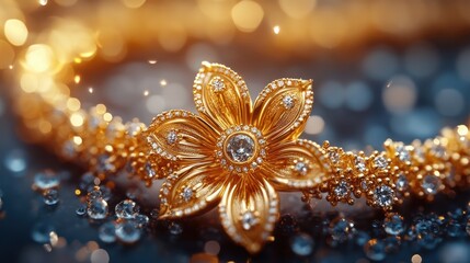 Golden Flower Brooch Adorned with Sparkling Diamonds, Resting on a Bed of Shimmering Jewels