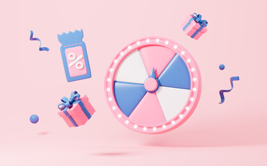 Spinning wheel with gifts, discount coupons, marketing discount promotion concept, 3d rendering.