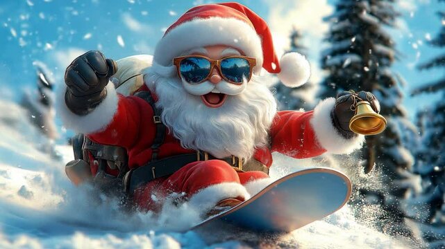 Christmas santa claus wearing sunglasses sliding and riding sleigh in snow for xmas season celebration and blowing out a golden bell while smiling