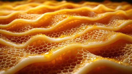 Fototapeta premium Golden Honeycomb Structure with Wavy Pattern and Honey Droplets