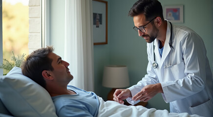 Obraz premium A man is laying in bed and a doctor is standing next to him