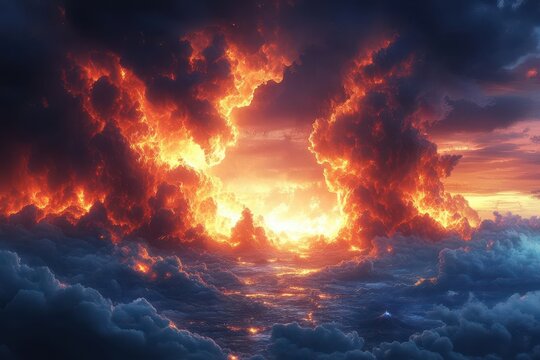 interdimensional portal to hellscape floating islands of torment rivers of lava nightmarish creatures ominous storm clouds crackling with dark energy