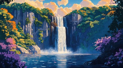 The stunning waterfall is located in a national park showcasing natural beauty and vibrant surroundings Breathtaking waterfall in a scenic national park