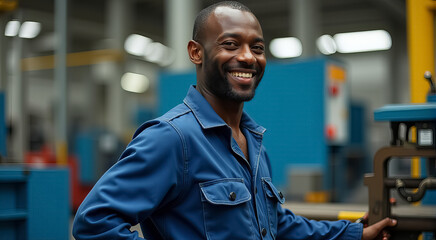 A man in a blue jacket is smiling and standing in front of a machine
