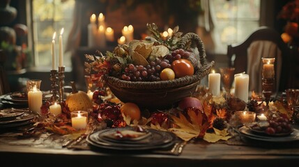 Naklejka premium A cozy fall-themed Thanksgiving setting with a cornucopia centerpiece, autumn leaves, and candles illuminating a rustic table, inviting a sense of gratitude and celebration.