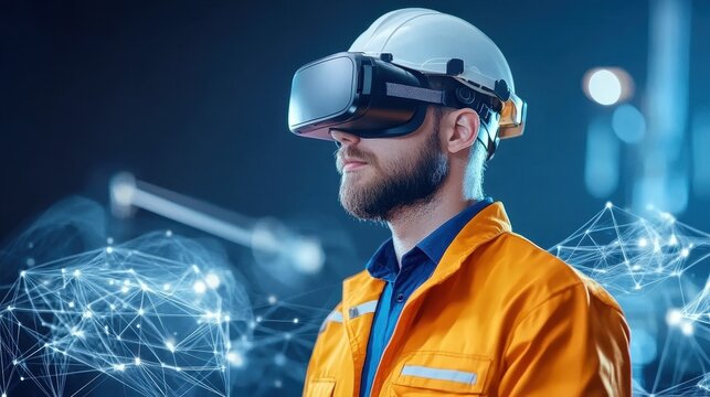 Virtual reality training for industrial workers, immersive tech, futuristic learning environment, VR headsets, safety concept
