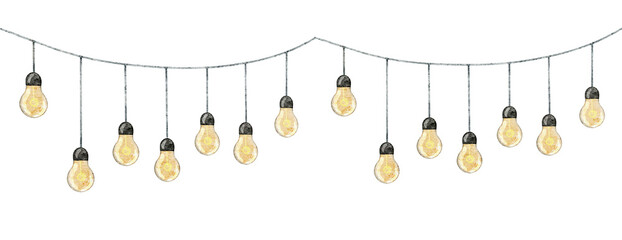 Watercolor illustration of String of Hanging Light Bulbs. Seamless Border with lamp garland for party decoration design. Illustration of electric festoon for celebration. Glowing bright strands Frame.