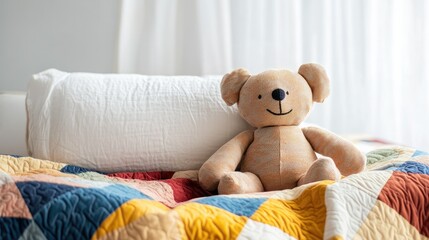 A cozy setup of a child's single bed featuring a multicolored quilt and a huggable soft toy, set against a bright white backdrop for a cheerful aesthetic.