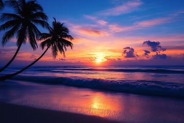 Tropical Sunset Beach with Palm Trees and Ocean