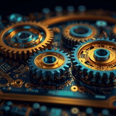 interconnected gears and circuitry symbolizing synergy between technology and business processes