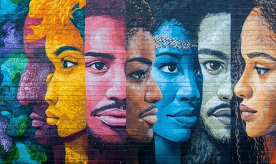 Colorful mural of six faces on a brick wall.