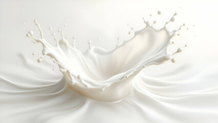 Obraz premium A close-up of a white milk splash, frozen in time, forming a wave-like shape with droplets flying out. The backdrop is a soft white surface.